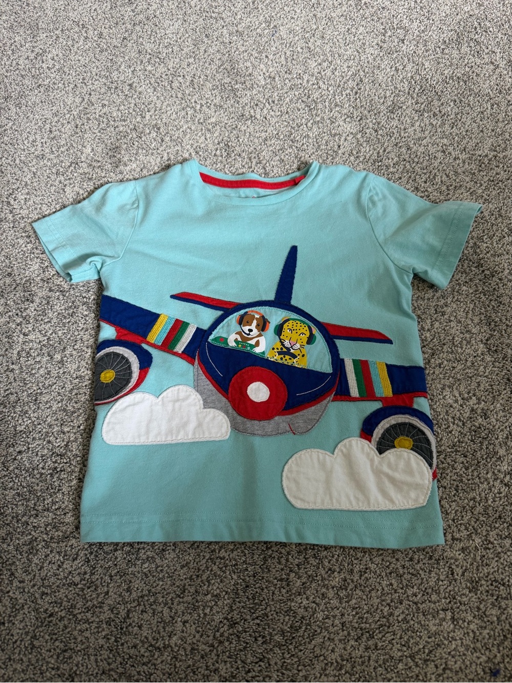 Mini Boden Light Blue Kids Plane Graphic Tee with Friendly Characters